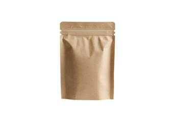 Sealed tea bag packet in kraft paper with vertical seam and flat top isolated on a transparent background