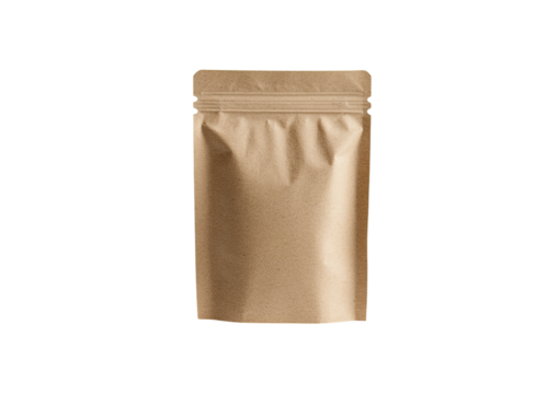 Sealed tea bag packet in kraft paper with vertical seam and flat top isolated on a transparent background