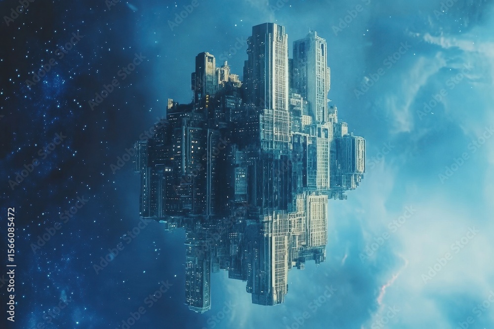 Poster cityscape of skyscrapers floating in space with stars and clouds in the background, skyscraper build