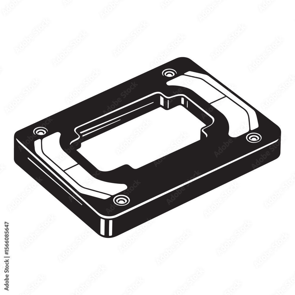 Poster isometric view of a black and white stylized rectangular metal component or part