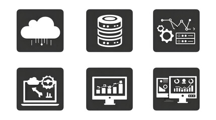 Flat icon set: cloud computing, database, code screen, and analytics, tech business theme, filled black, white background