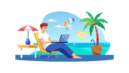 Remote work on the beach illustration concept for digital nomad lifestyle and online business success strategy