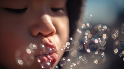 Child blowing colorful bubbles outdoors