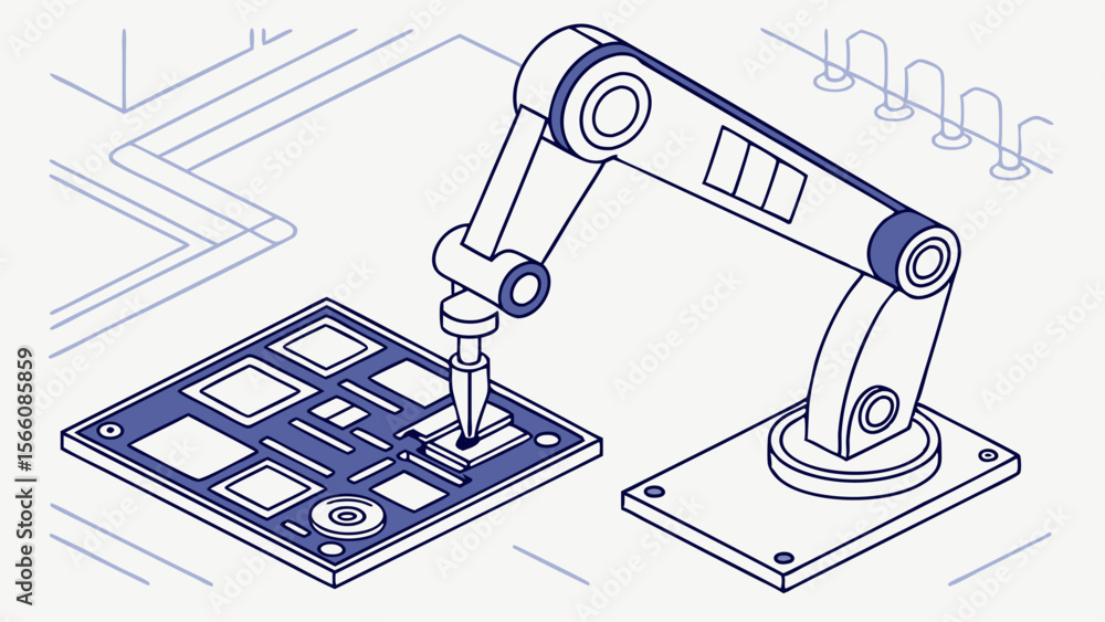 Poster precision robotic arm assembling electronic circuit board in isometric line art style. automation, m