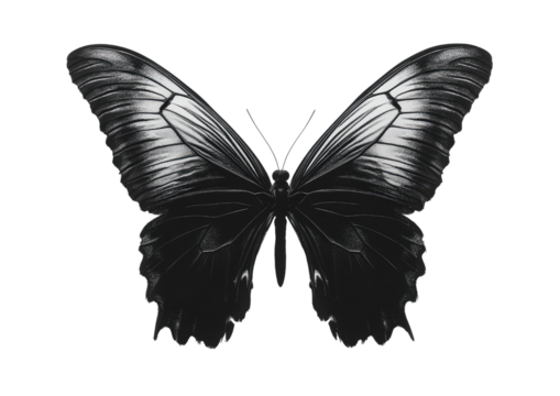 Silhouette of butterfly with soft grayscale wings and artistic brushstroke effect isolated on a transparent background - Powered by Adobe