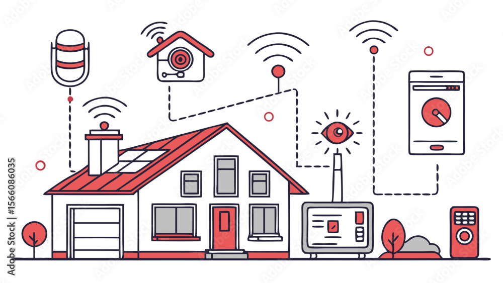 Poster smart home automation system with connected devices and iot technology. modern house with digital co
