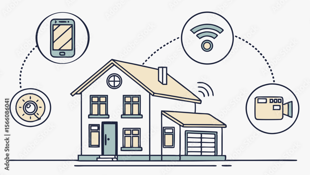Poster smart home technology illustration with connected devices, wireless automation, and iot integration.