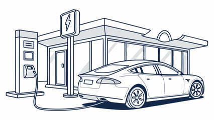 Electric Vehicle Charging Station Illustration with Modern Sedan Car. Sustainable Transportation Infrastructure and Eco-Friendly Energy Concept. Gr...