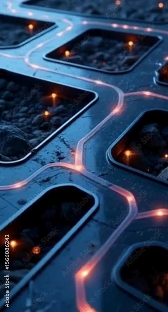 Poster futuristic grid with glowing pathways and stone inlays representing connectivity and advanced techno