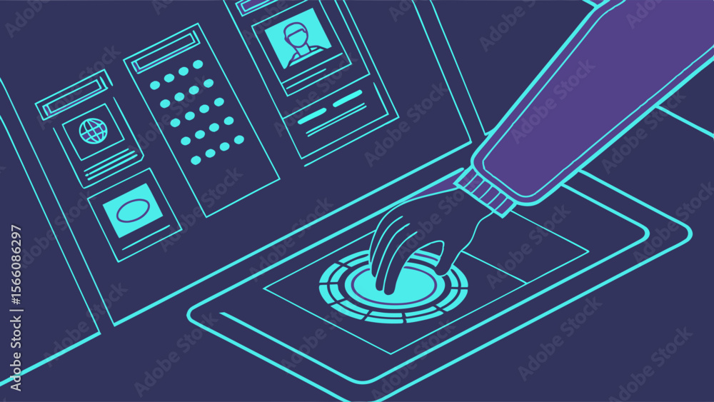 Poster futuristic digital interface: hand interacting with glowing control panel and data screens in a high