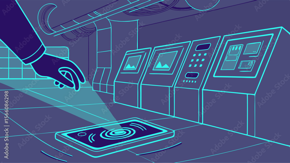 Poster futuristic digital hand interacting with holographic interface in a high-tech control room or automa