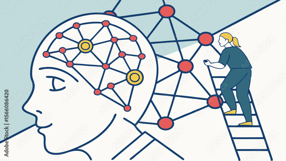 Poster human brain and artificial intelligence neural network development concept with person climbing