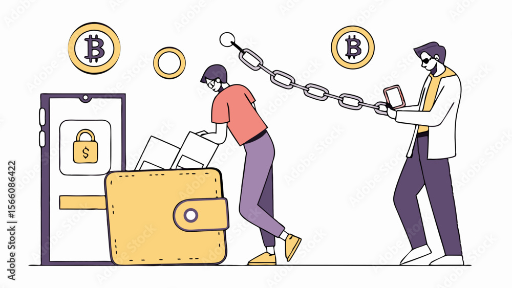 Poster digital currency management and transaction security concept. blockchain linkage in cryptocurrency w