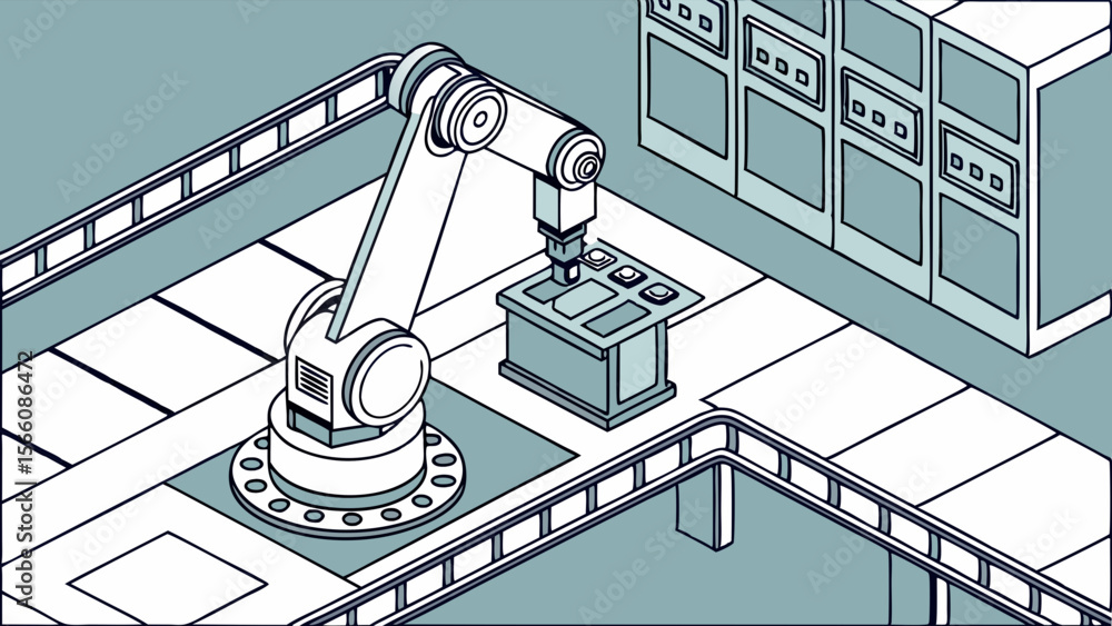 Poster industrial automation: robotic arm working on an assembly line in a modern factory. isometric vector