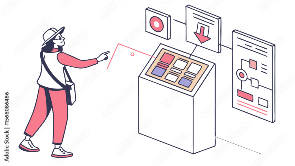 Poster person interacting with interactive digital kiosk, accessing information and data on touchscreen dis