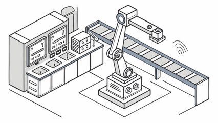 Industrial Automation System with Robotic Arm, Conveyor Belt, and Control Panel - Isometric Smart Factory Production Line Illustration