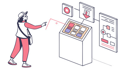 Person Interacting with Interactive Digital Kiosk, Accessing Information and Data on Touchscreen Display at Exhibition or Public Space, Modern Tech...