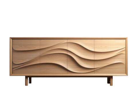 A modern wooden cabinet with wave pattern is isolated on transparent background