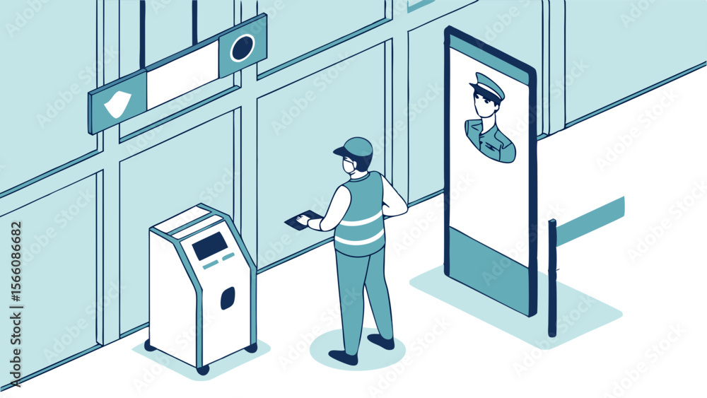 Poster digital identity verification at public transportation security checkpoint with staff and smart kios