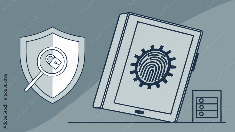 Poster digital security and biometric authentication concept with shield and fingerprint on tablet illustra