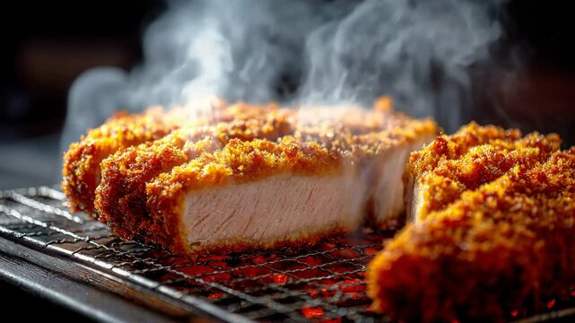 Close up of sliced breaded pork cutlet on a grill, steaming and emitting heat. Golden brown crust, pink interior, dark background.