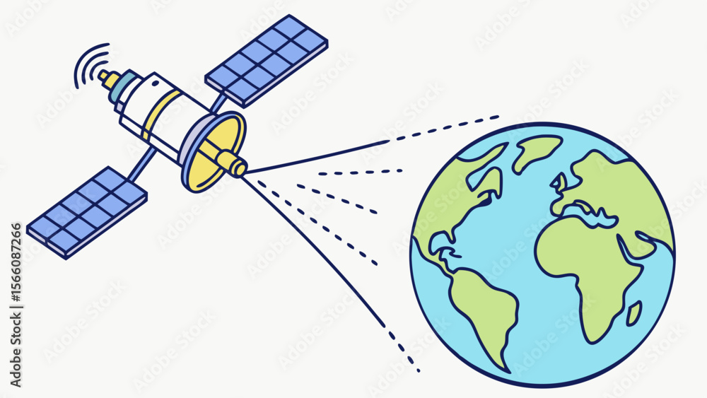 Poster global communication satellite orbiting earth with signal transmission - digital technology and netw