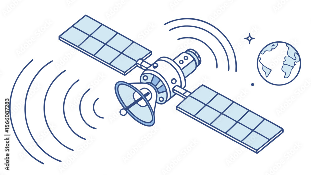 Poster global satellite communication system icon: orbiting spacecraft transmitting signals to earth, repre