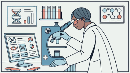 Dedicated Scientist Conducting Microscopic Research in a Modern Laboratory, Analyzing Data and Discoveries