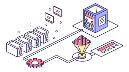 Isometric Data Processing Flow Diagram: Cloud Computing Architecture, Server Infrastructure, and System Integration for Information Management
