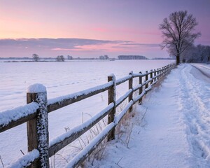 Snow-covered wooden fence stretching across open white field under soft pastel sky, winter sunset over the river