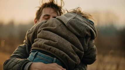 cinematic medium shot of a father hugging his tired son returning from work, dusty clothes, warm sunset backlight, emotional family support