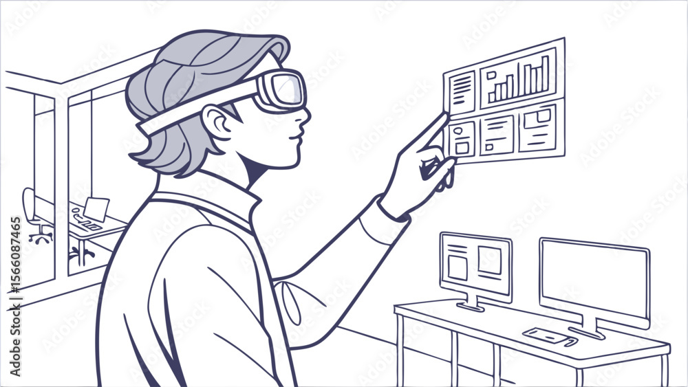 Poster person in vr headset interacting with virtual data interface in modern office - augmented reality bu