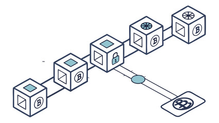 Obraz premium Blockchain Technology Diagram with Interconnected Blocks, Digital Currency Symbols, and Secure Data Transaction Icon Representing a Decentralized L...
