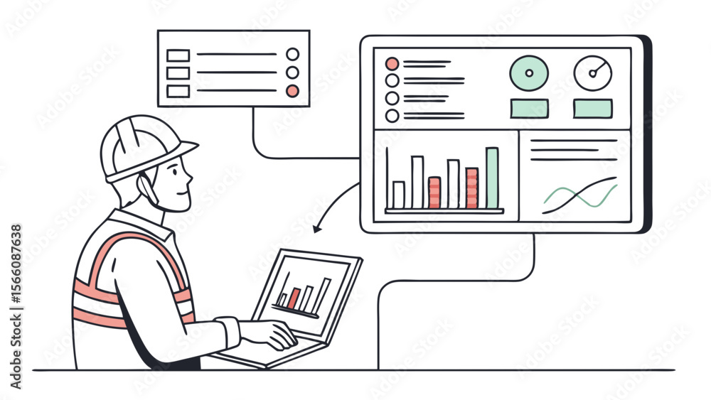 Poster industrial worker monitoring data dashboard with laptop and performance analytics screens, line art 