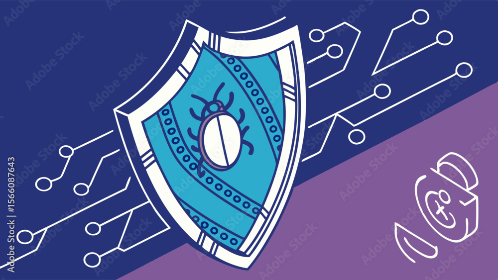 Aufkleber cybersecurity shield with bug icon on circuit board background - digital protection, antivirus softw