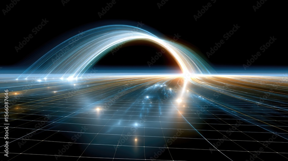 Poster abstract data network visualization: glowing blue arc over grid