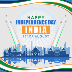 happy independence day india 2025 with silhouette of famous landmarks of india and fighter jets. Best for card, poster, banner and social media.