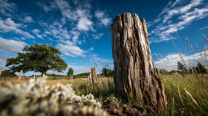 Wooden post stands in field