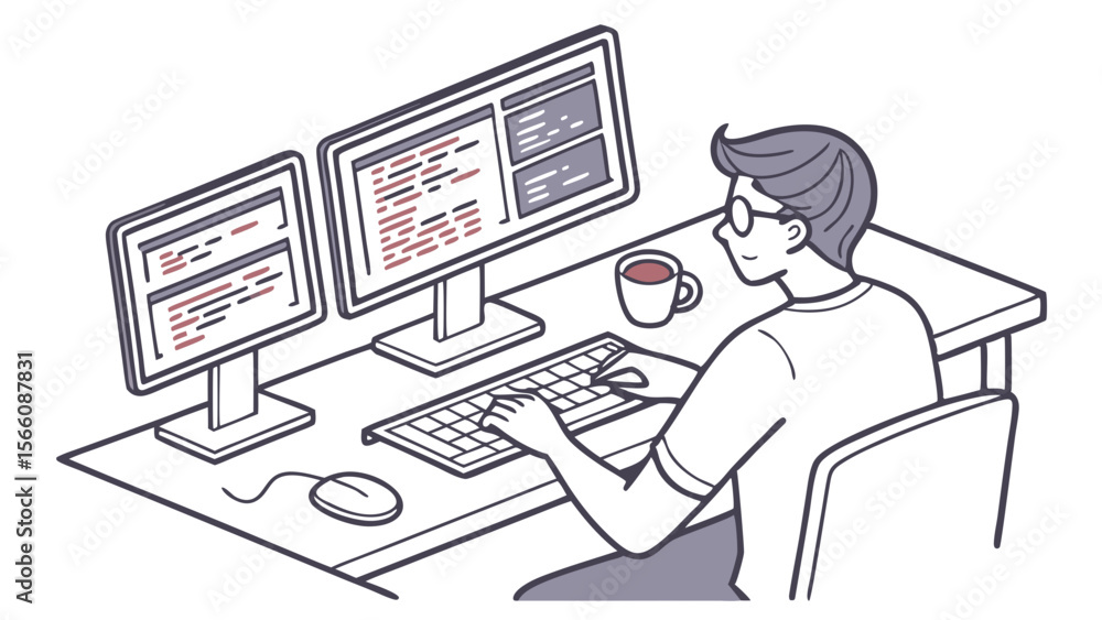 Poster focused software developer coding on dual monitors at a modern desk workstation, it professional wor
