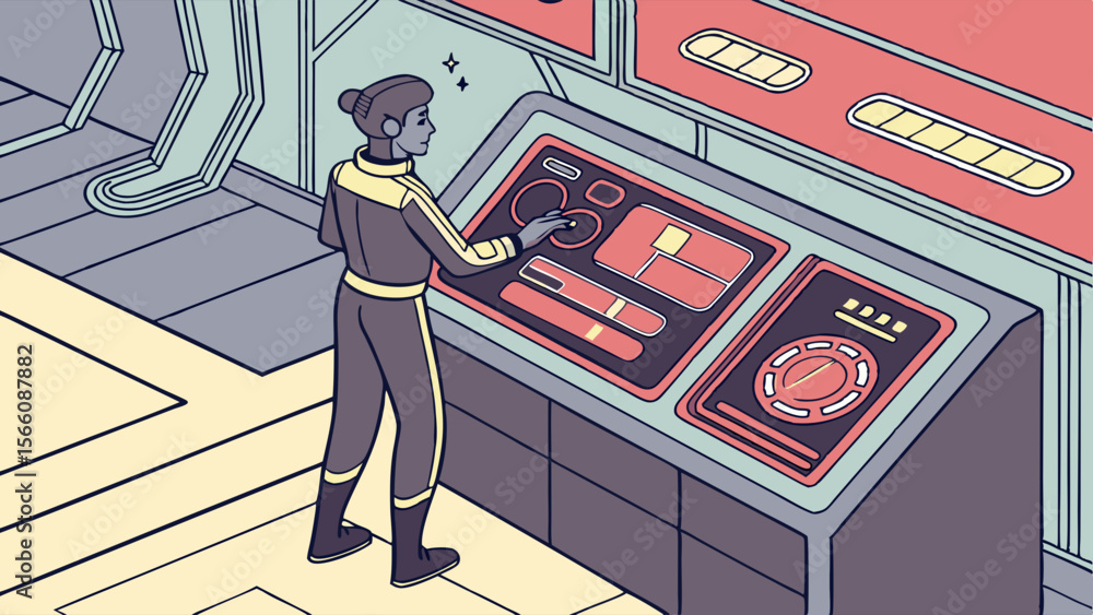 Poster person operating futuristic control panel in sci-fi spaceship interior with advanced technology cons