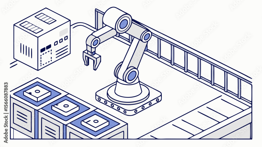 Poster industrial robotic arm working on production line in automated factory. isometric illustration of mo