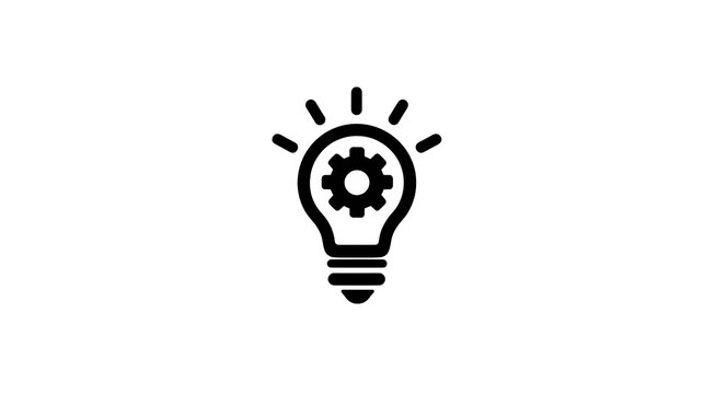 Minimalist flat icon of a lightbulb with gear, representing innovative ideas, filled black, isolated on white