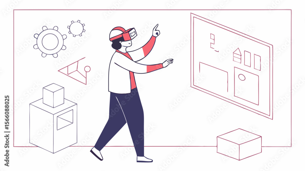 Aufkleber person in virtual reality headset interacting with digital interface and 3d objects, immersive techn