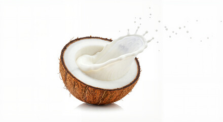 Cracked coconut shell with coconut milk splashing out  