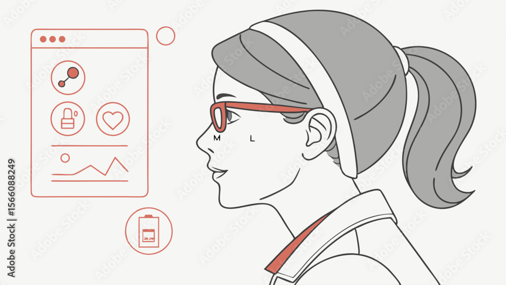 Poster woman using smart glasses with augmented reality interface displaying digital data and icons, future