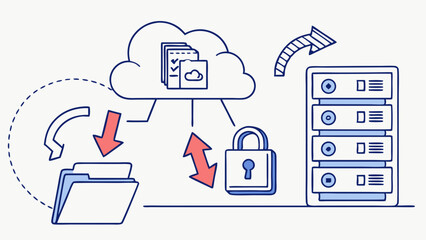 Secure Cloud Data Management Concept. Digital illustration showing file synchronization, server infrastructure, and padlock for secure information ...