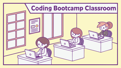 Cartoon illustration of students learning coding in a bootcamp classroom setting. Flat design vector of women using laptops for programming educati...
