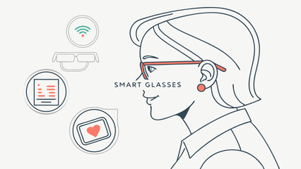 Futuristic Smart Glasses Concept: Woman with Wearable Technology Displaying Digital Information and Connectivity Icons in Line Art Style