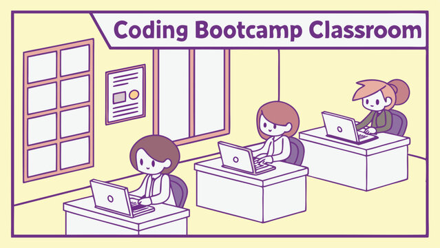 Cartoon illustration of students learning coding in a bootcamp classroom setting. Flat design vector of women using laptops for programming educati...