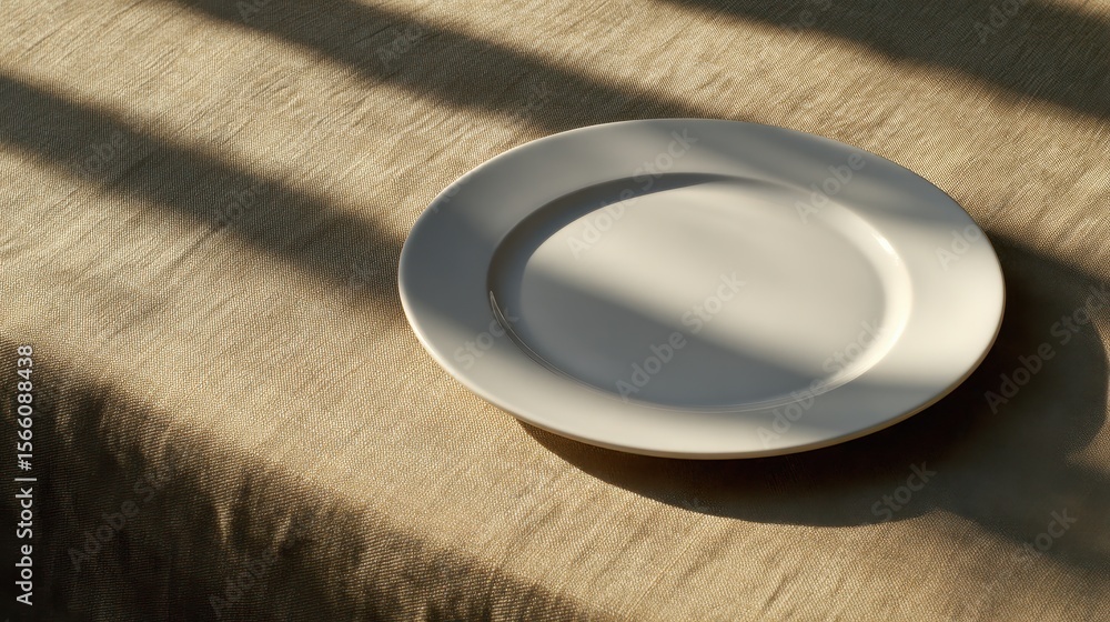 Poster a simple white plate resting on a textured linen tablecloth with soft shadows in natural light